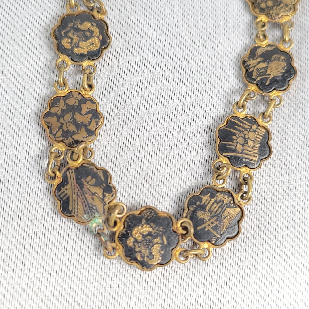 Vintage Japanese Damascene Bracelet Gold Inlay Scalloped Flower Link 6.25 Inch